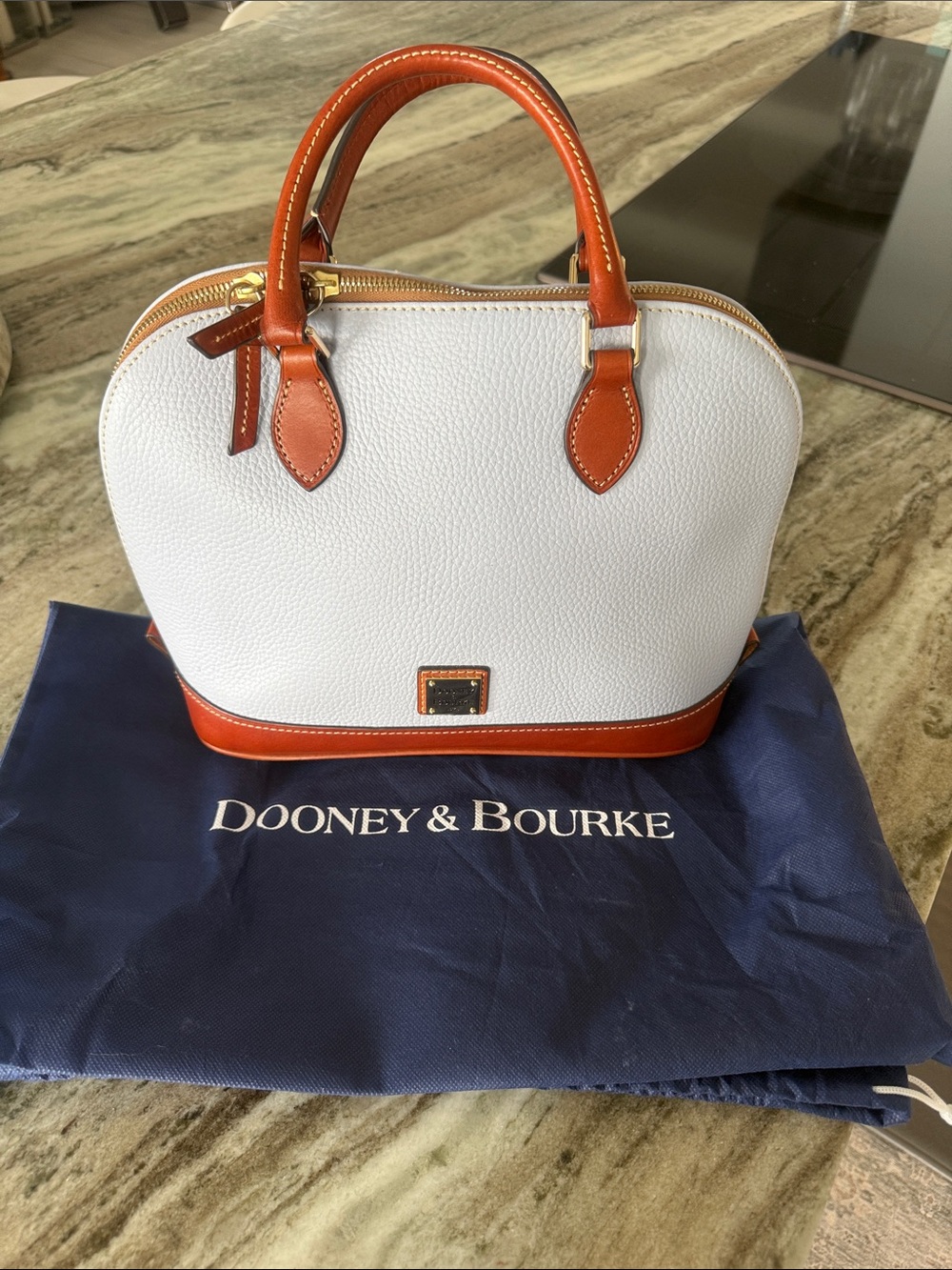 Dooney & Bourke White Pebble Leather Satchel with Tan Trim
